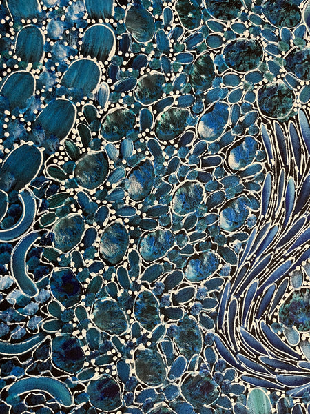 #317 Bush Yam Dreaming (Blues)- RACHAEL NAMBULA: Aboriginal Art: 109cm x 94cm