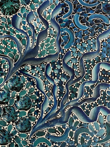 #317 Bush Yam Dreaming (Blues)- RACHAEL NAMBULA: Aboriginal Art: 109cm x 94cm