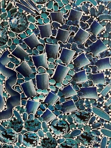 #317 Bush Yam Dreaming (Blues)- RACHAEL NAMBULA: Aboriginal Art: 109cm x 94cm