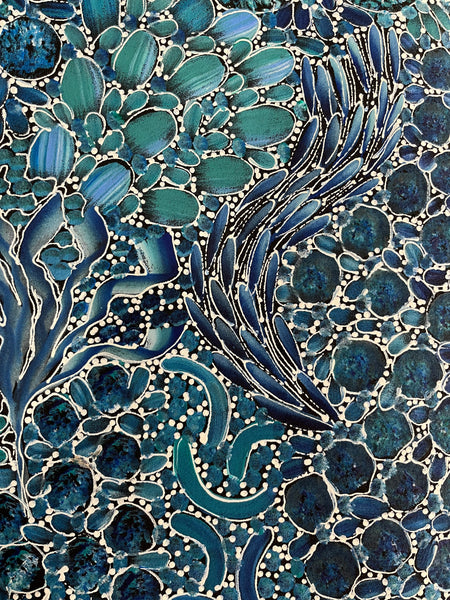 #317 Bush Yam Dreaming (Blues)- RACHAEL NAMBULA: Aboriginal Art: 109cm x 94cm
