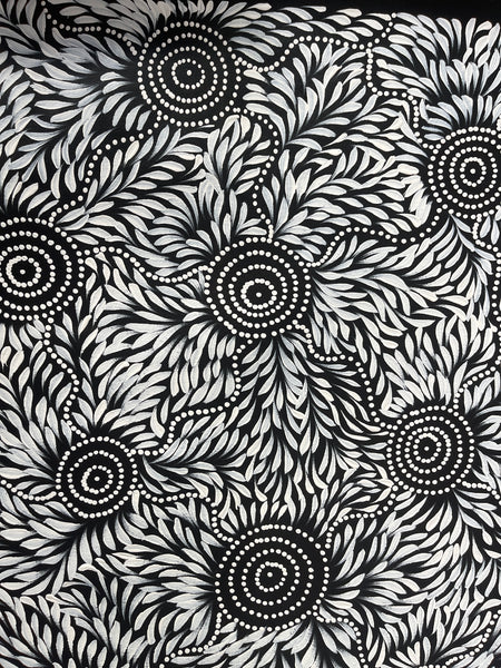 #296 Bush Medicine Leaves & Waterholes (Black/White) - CAROLINE NUMINA : Aboriginal Art: 51x97cm