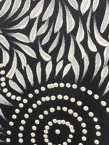 #296 Bush Medicine Leaves & Waterholes (Black/White) - CAROLINE NUMINA : Aboriginal Art: 51x97cm