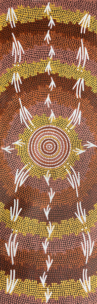 #289 Emu & Kangaroo at Waterhole (Earth) BEVAN CLANCY TJAMPITJIMPA Aboriginal Art: 120cm x 39cm