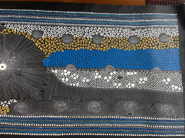 #324 Water Dreaming - Ngapa (Blue,Earth,White)- JANET LONG NAKAMARRA: Aboriginal Art: 70x200cm
