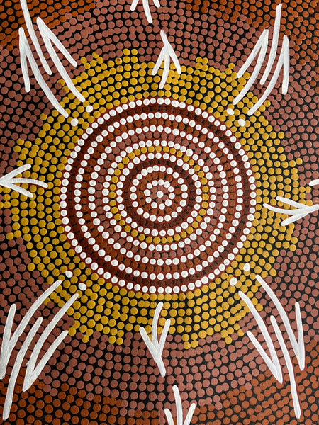 #289 Emu & Kangaroo at Waterhole (Earth) BEVAN CLANCY TJAMPITJIMPA Aboriginal Art: 120cm x 39cm