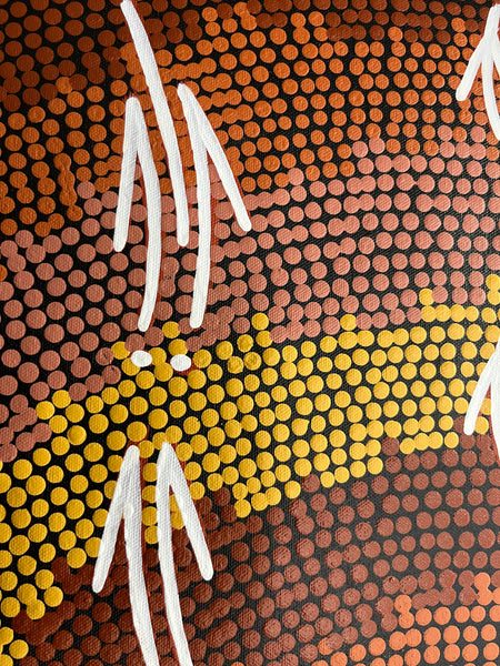 #289 Emu & Kangaroo at Waterhole (Earth) BEVAN CLANCY TJAMPITJIMPA Aboriginal Art: 120cm x 39cm