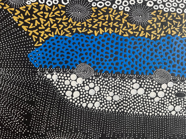 #324 Water Dreaming - Ngapa (Blue,Earth,White)- JANET LONG NAKAMARRA: Aboriginal Art: 70x200cm