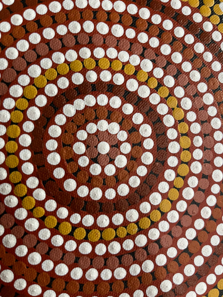 #289 Emu & Kangaroo at Waterhole (Earth) BEVAN CLANCY TJAMPITJIMPA Aboriginal Art: 120cm x 39cm