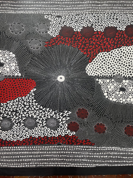 #330 Water Dreaming - Ngapa (Reds)- JANET LONG NAKAMARRA: Aboriginal Art: 100x100cm