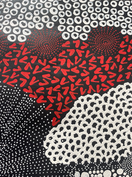 #330 Water Dreaming - Ngapa (Reds)- JANET LONG NAKAMARRA: Aboriginal Art: 100x100cm