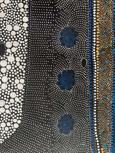 #309 Water Dreaming - Ngapa (Blue,Earth,White)- JANET LONG NAKAMARRA: Aboriginal Art: 86x200cm