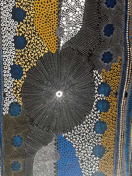 #309 Water Dreaming - Ngapa (Blue,Earth,White)- JANET LONG NAKAMARRA: Aboriginal Art: 86x200cm