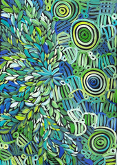 #138 Women's Body Design and Bush Medicine Leaves - Ceremony (Green) LOUISE NUMINA : Aboriginal Art: 134 x 94cm