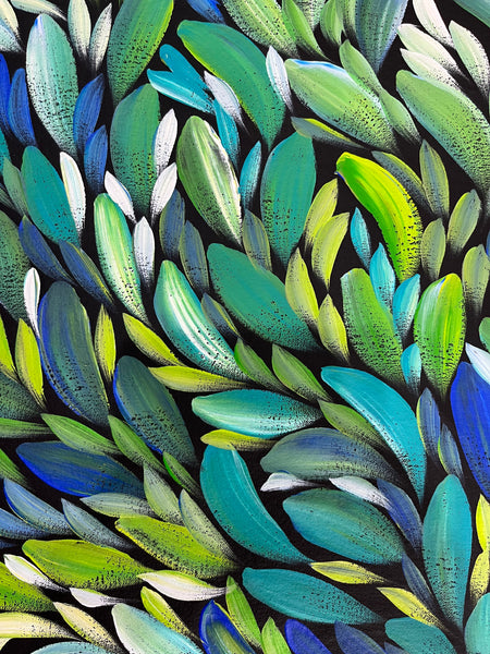 #138 Women's Body Design and Bush Medicine Leaves - Ceremony (Green) LOUISE NUMINA : Aboriginal Art: 134 x 94cm