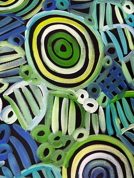 #138 Women's Body Design and Bush Medicine Leaves - Ceremony (Green) LOUISE NUMINA : Aboriginal Art: 134 x 94cm