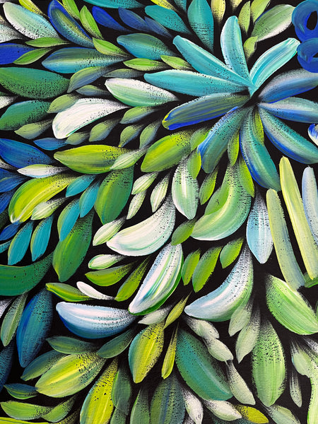 #138 Women's Body Design and Bush Medicine Leaves - Ceremony (Green) LOUISE NUMINA : Aboriginal Art: 134 x 94cm
