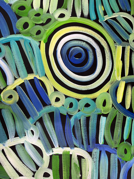 #138 Women's Body Design and Bush Medicine Leaves - Ceremony (Green) LOUISE NUMINA : Aboriginal Art: 134 x 94cm