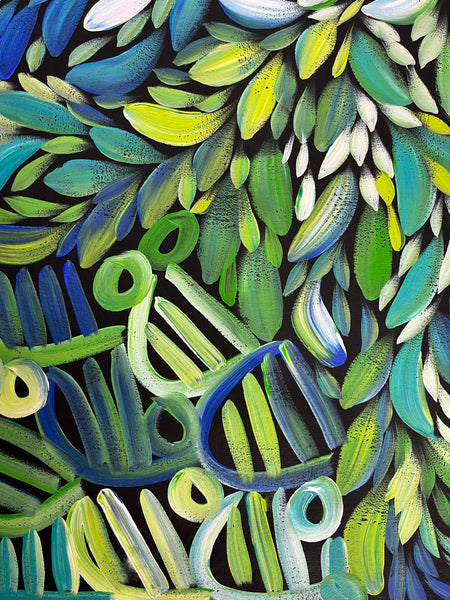 #138 Women's Body Design and Bush Medicine Leaves - Ceremony (Green) LOUISE NUMINA : Aboriginal Art: 134 x 94cm
