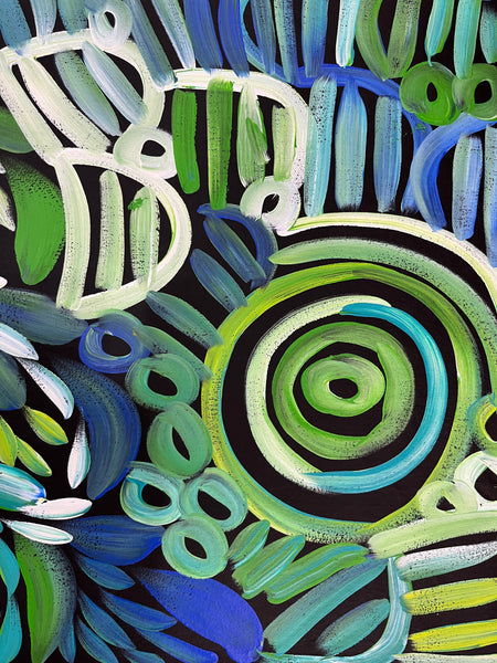 #138 Women's Body Design and Bush Medicine Leaves - Ceremony (Green) LOUISE NUMINA : Aboriginal Art: 134 x 94cm
