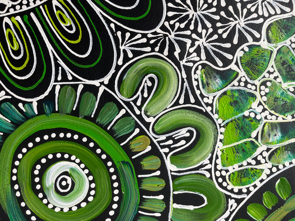 #3 My Dreamtime Stories (Greens)- LOUISE NUMINA : Aboriginal Art: 82x95cm