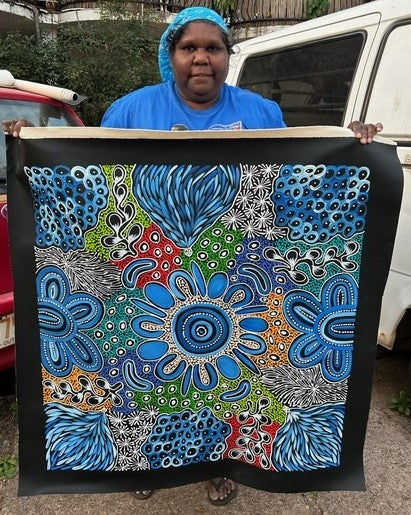 #176 My Country Dreaming (Multi/Blue) - SHARON NUMINA : Aboriginal Art: 90x90cm
