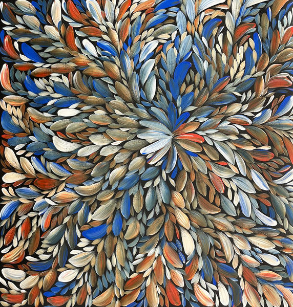 #132 Bush Medicine Leaves (Blue/Earth)- LOUISE NUMINA Aboriginal Art:  92cm x 97cm