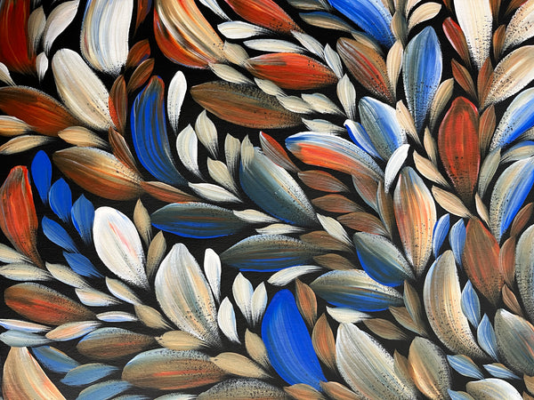 #132 Bush Medicine Leaves (Blue/Earth)- LOUISE NUMINA Aboriginal Art:  92cm x 97cm