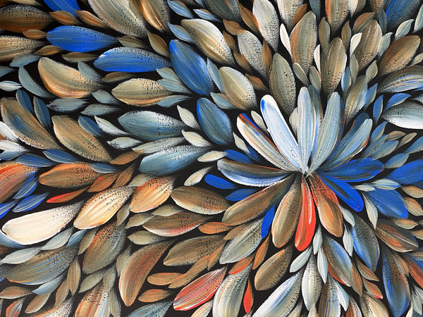#132 Bush Medicine Leaves (Blue/Earth)- LOUISE NUMINA Aboriginal Art:  92cm x 97cm