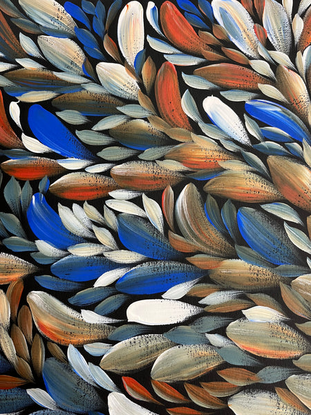 #132 Bush Medicine Leaves (Blue/Earth)- LOUISE NUMINA Aboriginal Art:  92cm x 97cm
