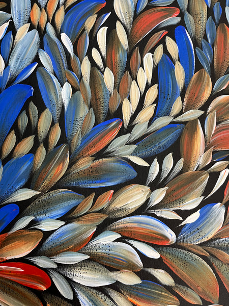 #132 Bush Medicine Leaves (Blue/Earth)- LOUISE NUMINA Aboriginal Art:  92cm x 97cm