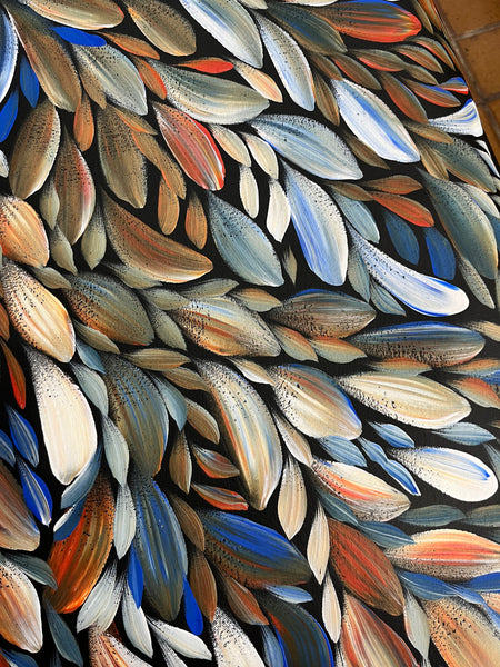 #132 Bush Medicine Leaves (Blue/Earth)- LOUISE NUMINA Aboriginal Art:  92cm x 97cm
