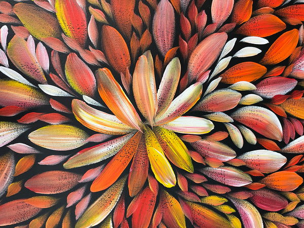 #360 Bush Medicine Leaves (Sunset)- LOUISE NUMINA Aboriginal Art:  90cm x 97cm