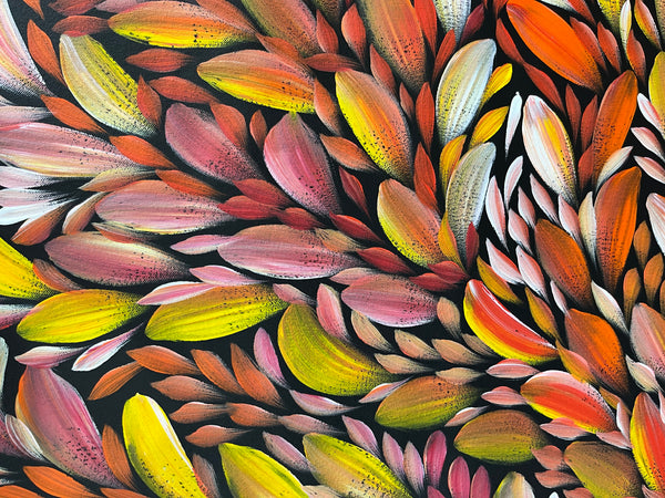 #360 Bush Medicine Leaves (Sunset)- LOUISE NUMINA Aboriginal Art:  90cm x 97cm