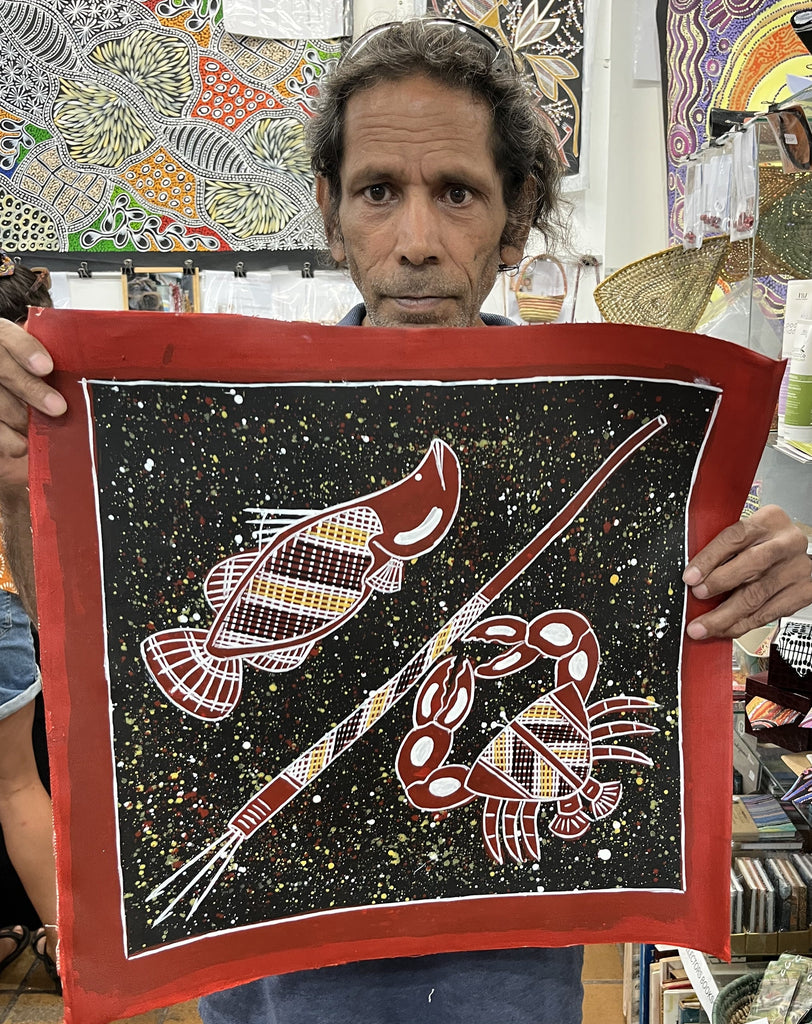 #218 Barramundi & Mud Crab hunting - KENNY REID Aboriginal Art: 47cm x 45cm