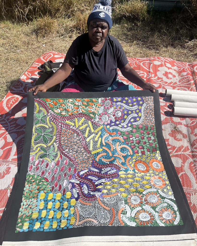 #395 Women's Ceremony (Multi) - KAREN BIRD NGALE Aboriginal Art:  90cm x 93cm