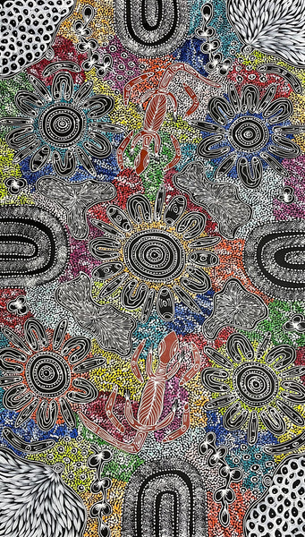 #39 Women collecting Bush Tucker (multi) - SHARON NUMINA Aboriginal Art: 90cm x 152cm