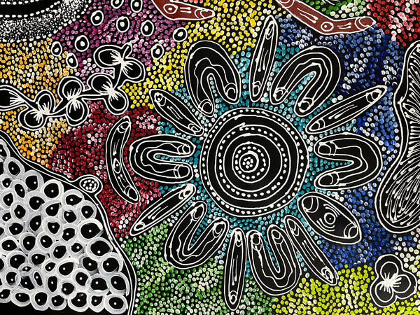 #39 Women collecting Bush Tucker (multi) - SHARON NUMINA Aboriginal Art: 90cm x 152cm