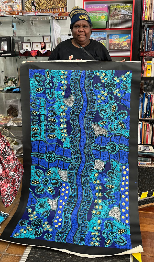 #50 Women collecting Bush Tucker (Blues) - SHARON NUMINA Aboriginal Art:  85cm x 149cm
