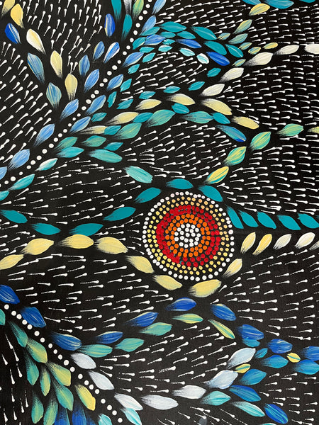 #114 Waterholes & Bush Medicine Leaves (Blues)  - Scott Duggie Aboriginal Art: 146 x 87cm