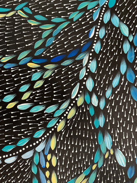 #114 Waterholes & Bush Medicine Leaves (Blues)  - Scott Duggie Aboriginal Art: 146 x 87cm