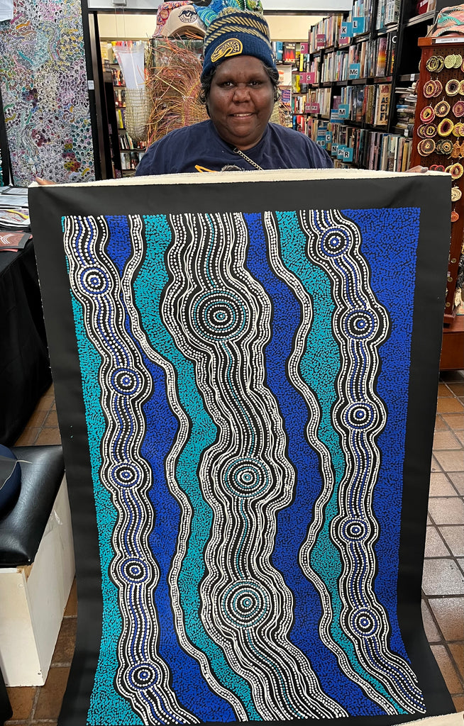 #60 Emu Dreaming (Blues) - SHARON NUMINA Aboriginal Art:  88cm x 148cm