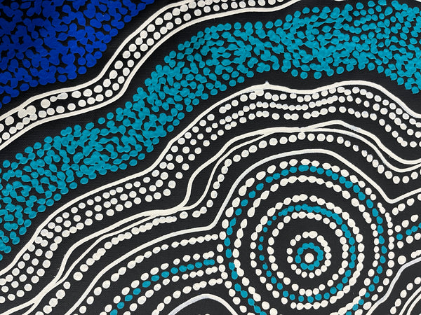 #60 Emu Dreaming (Blues) - SHARON NUMINA Aboriginal Art:  88cm x 148cm