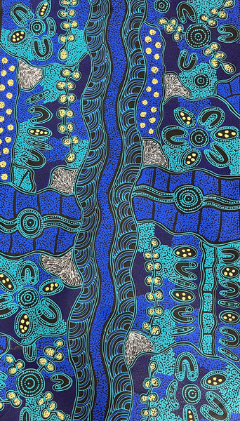 #50 Women collecting Bush Tucker (Blues) - SHARON NUMINA Aboriginal Art:  85cm x 149cm