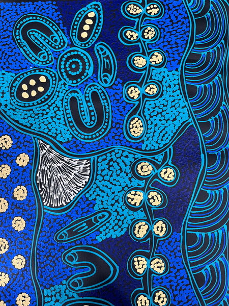 #50 Women collecting Bush Tucker (Blues) - SHARON NUMINA Aboriginal Art:  85cm x 149cm
