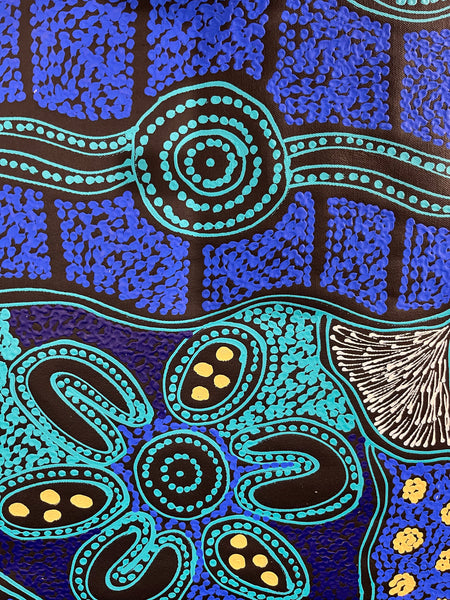 #50 Women collecting Bush Tucker (Blues) - SHARON NUMINA Aboriginal Art:  85cm x 149cm