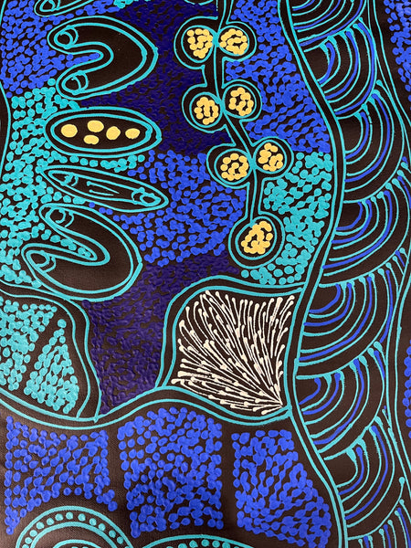 #50 Women collecting Bush Tucker (Blues) - SHARON NUMINA Aboriginal Art:  85cm x 149cm