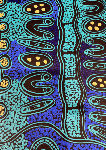 #50 Women collecting Bush Tucker (Blues) - SHARON NUMINA Aboriginal Art:  85cm x 149cm