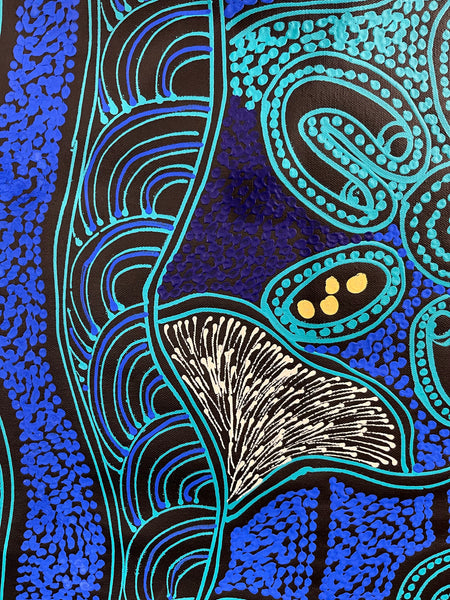 #50 Women collecting Bush Tucker (Blues) - SHARON NUMINA Aboriginal Art:  85cm x 149cm