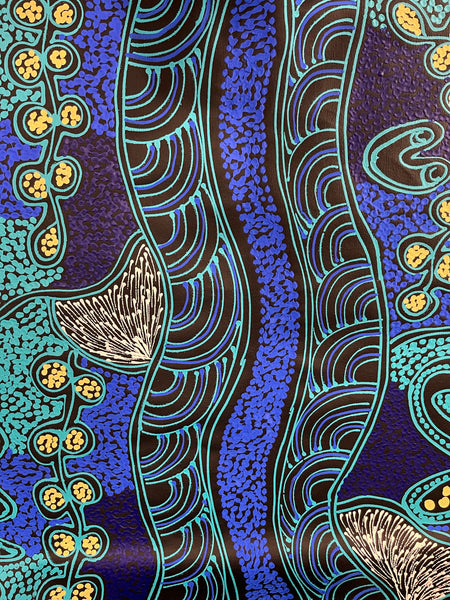 #50 Women collecting Bush Tucker (Blues) - SHARON NUMINA Aboriginal Art:  85cm x 149cm