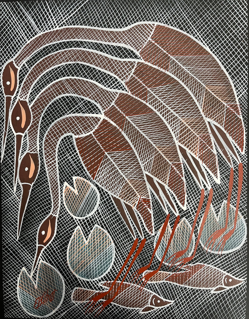 #79 Brolgas at the Billabong  - EDDIE BLITNER Aboriginal Art :  42cm x 54cm